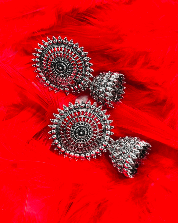 Antique Oxidized Silver Jhumka Earrings | Tribal Round Dome Design
