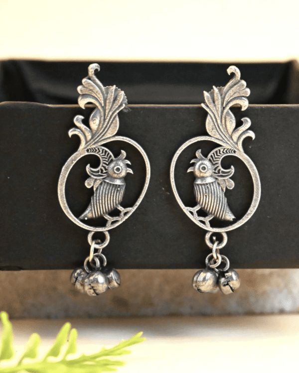 Oxidized Silver Peacock Motif Dangler Earrings