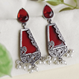 Red Enamel Oxidized Silver Drop Earrings with Pearl Detailing