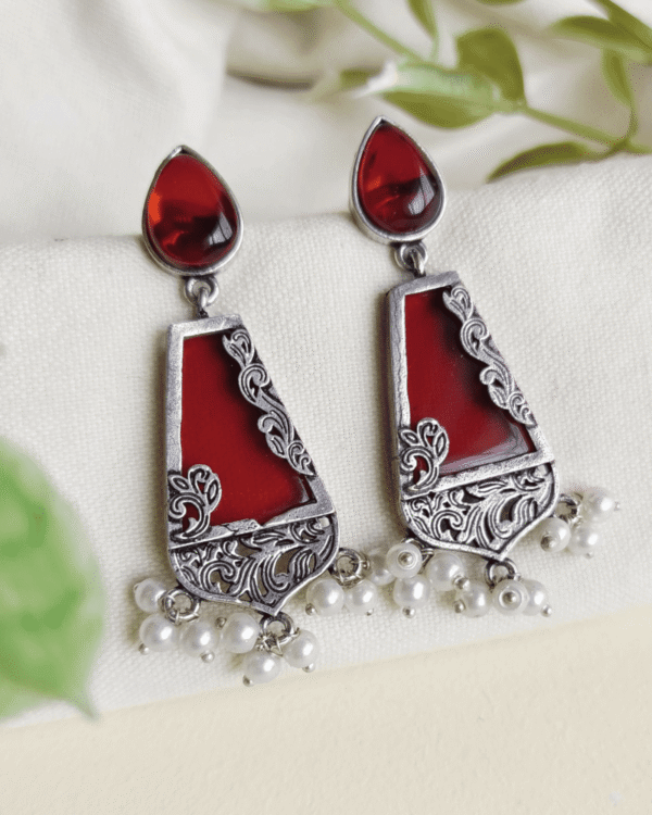 Red Enamel Oxidized Silver Drop Earrings with Pearl Detailing