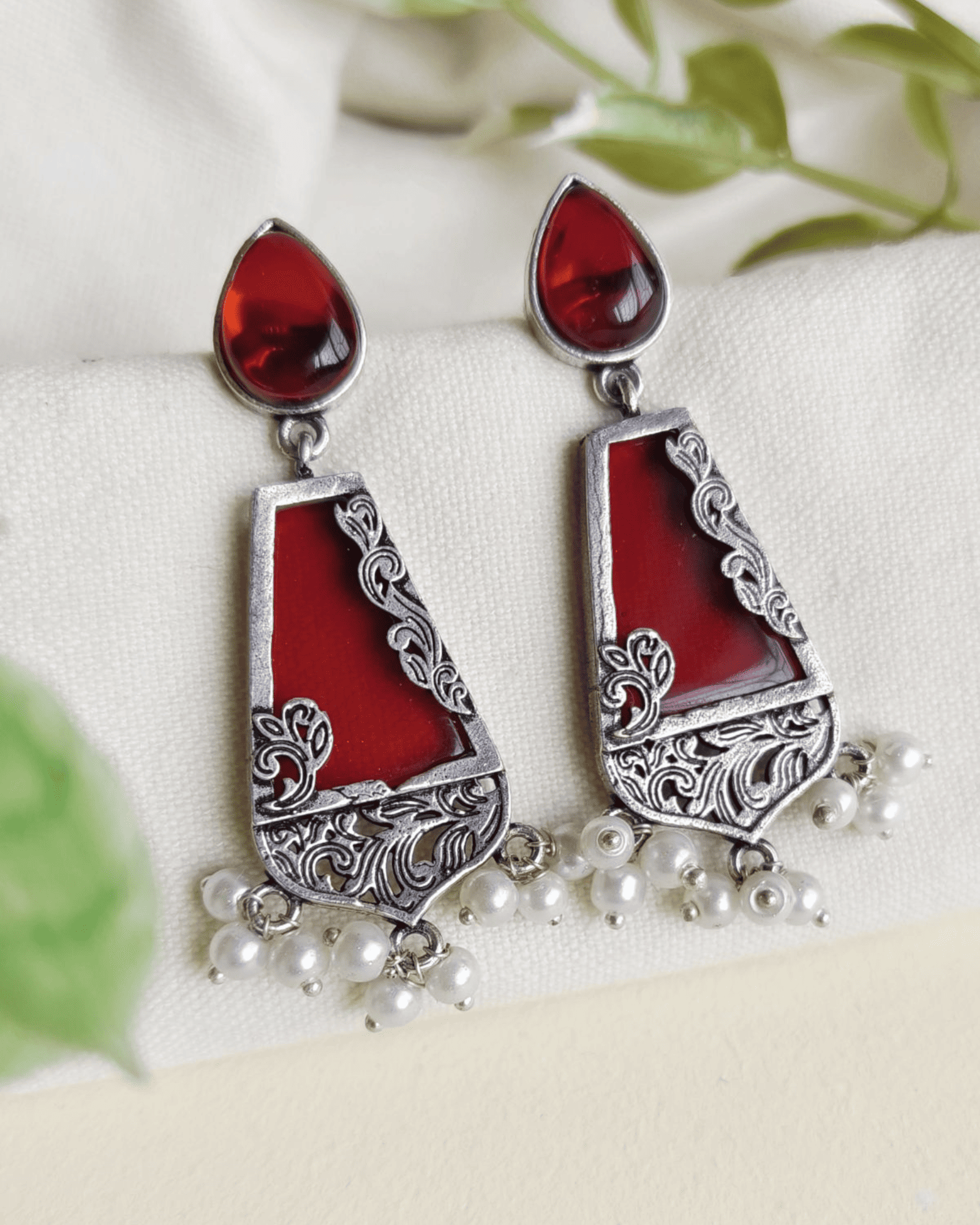 Red Enamel Oxidized Silver Drop Earrings with Pearl Detailing
