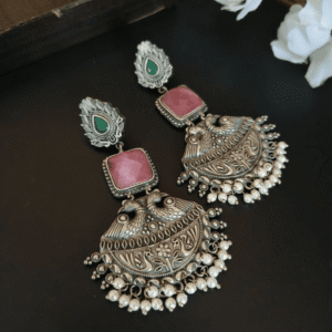 Oxidized Silver Peacock Chandbali Earrings with Pink Stone and Pearl Drops