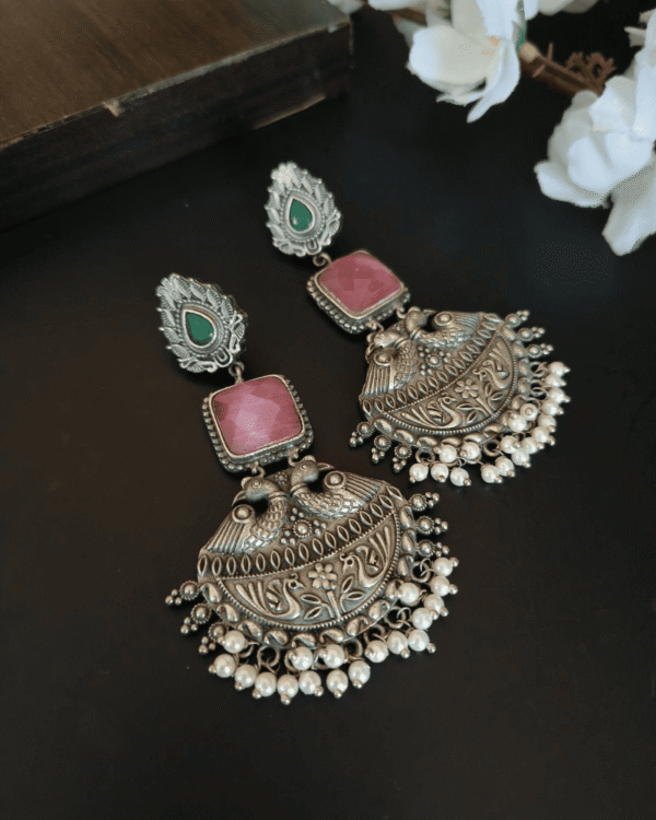 Oxidized Silver Peacock Chandbali Earrings with Pink Stone and Pearl Drops