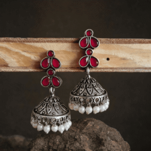 Red Stone Oxidized Silver Jhumka Earrings with Pearl Beads