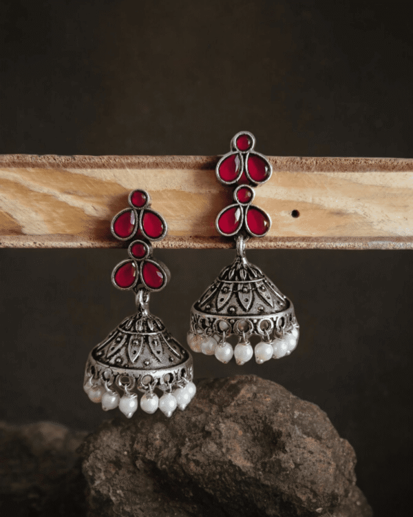 Red Stone Oxidized Silver Jhumka Earrings with Pearl Beads