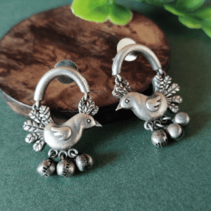 Oxidized Silver Bird Motif Earrings with Hanging Ghungroos