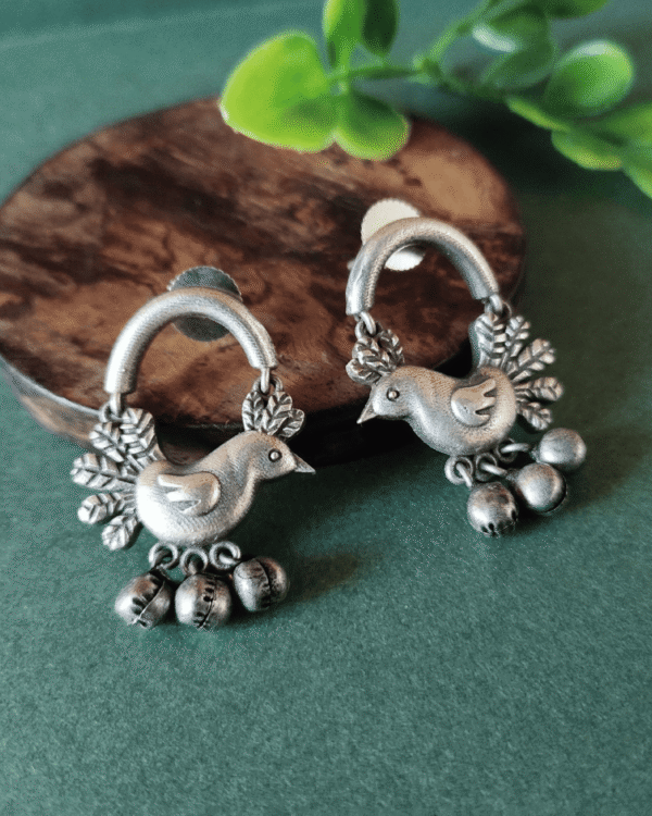 Oxidized Silver Bird Motif Earrings with Hanging Ghungroos