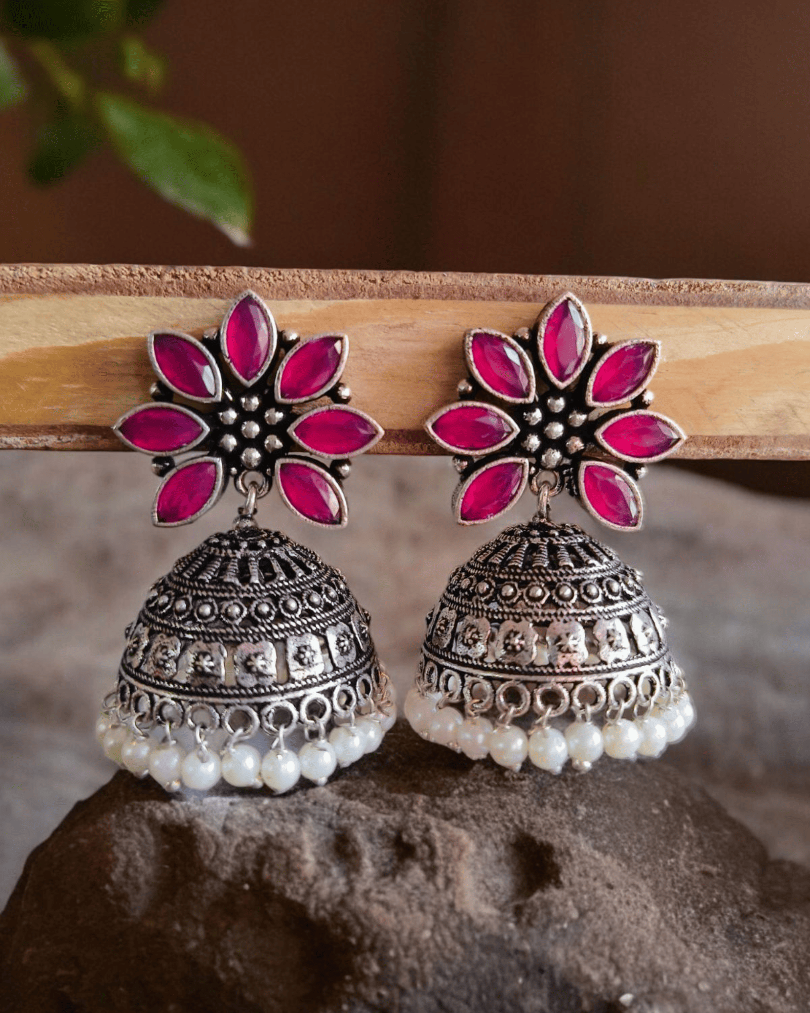 Floral Pink Stone Oxidized Jhumka Earrings with Pearl Drops