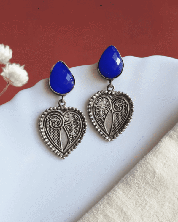 Royal Blue Drop & Heart-Shaped Oxidized Dangler Earrings