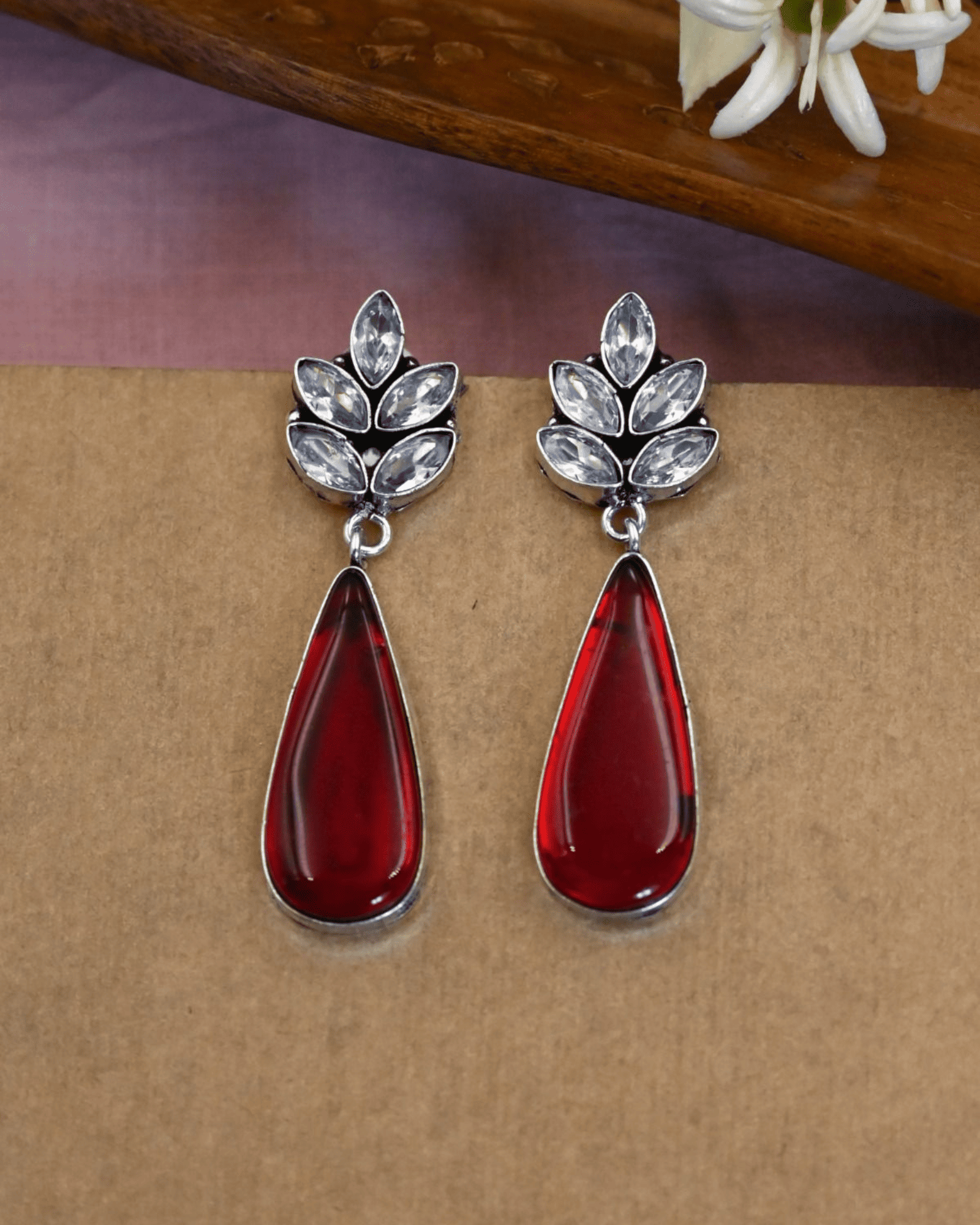 Ruby Teardrop Statement Earrings with Crystal Leaf Stud