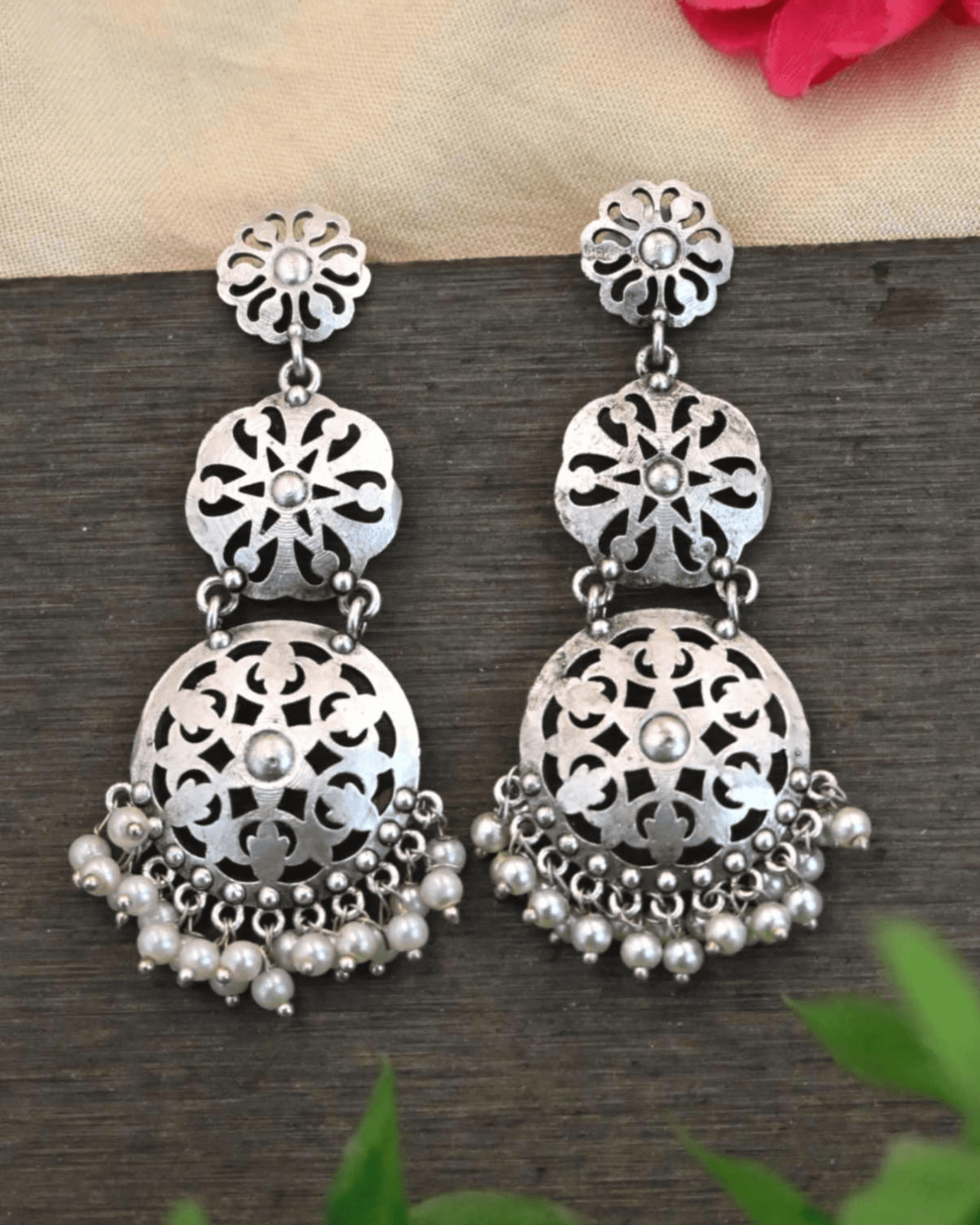 Antique Silver Filigree Dome Earrings with Pearl Danglers