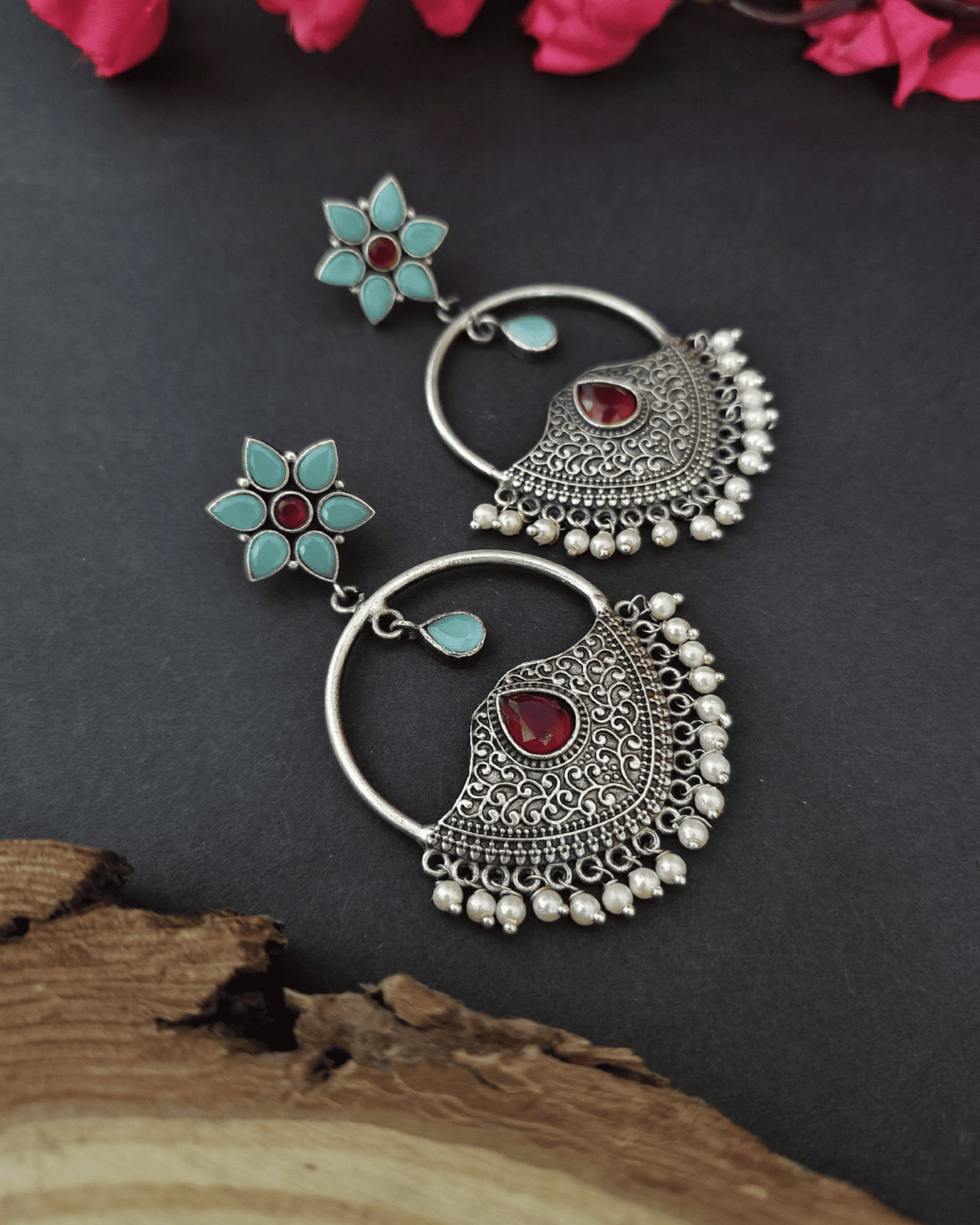 Floral Stud Oxidized Hoop Chandbali with Red & Aqua Stones